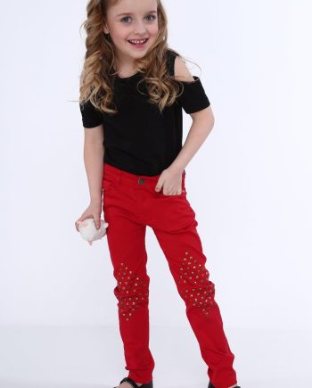 Girls' pants with flat studs, red NDZ310
