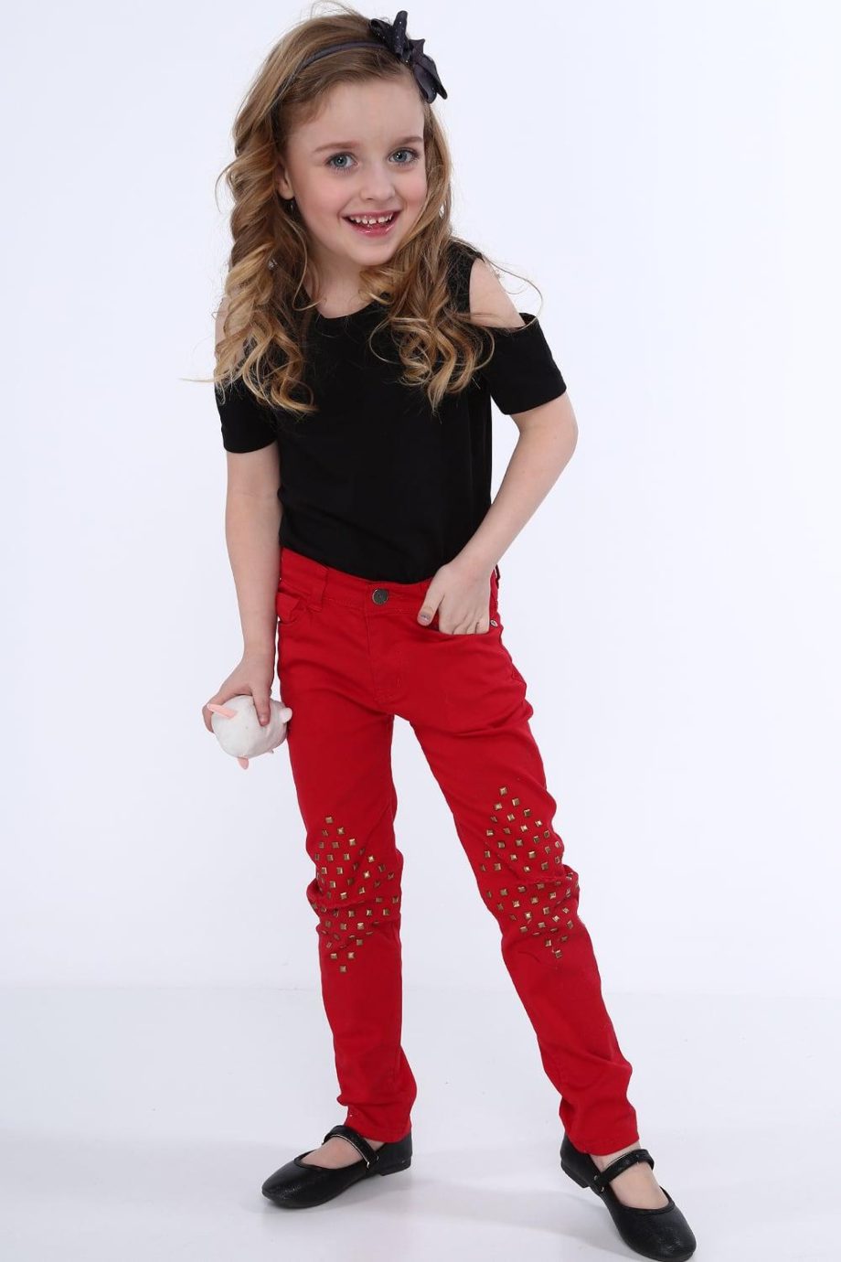 Girls' pants with flat studs, red NDZ310