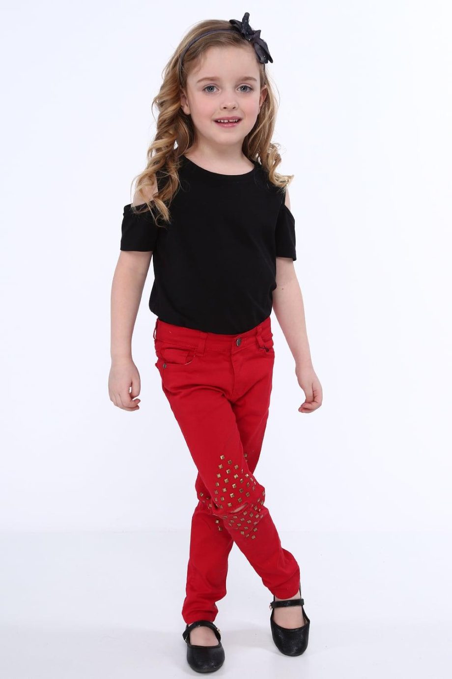 Girls' pants with flat studs, red NDZ310