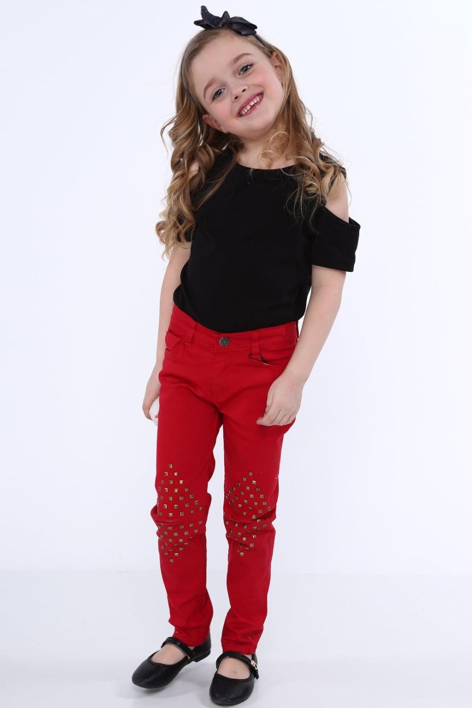 Girls' pants with flat studs, red NDZ310