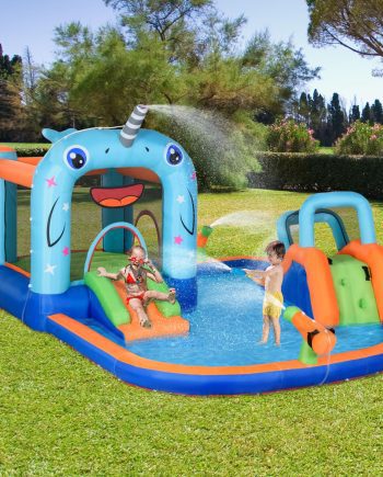 Outsunny 5 in 1 Kids Bounce Castle Narwhals Style Inflatable House with Slide Trampoline Pool Water Gun Climbing Wall with Inflator Carrybag, 4.2 x 3.7 x 2.3m