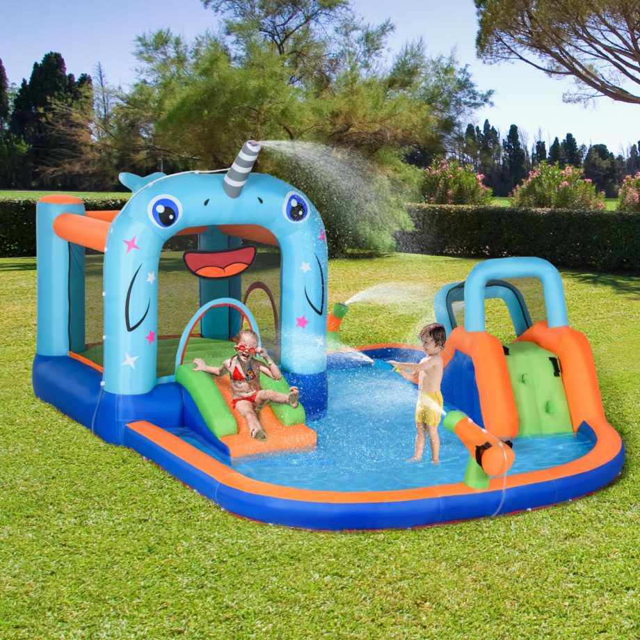 Outsunny 5 in 1 Kids Bounce Castle Narwhals Style Inflatable House with Slide Trampoline Pool Water Gun Climbing Wall with Inflator Carrybag, 4.2 x 3.7 x 2.3m