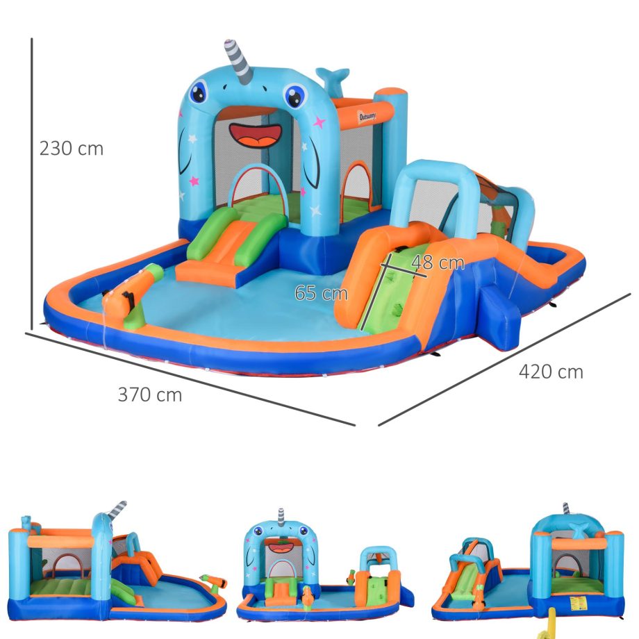 Outsunny 5 in 1 Kids Bounce Castle Narwhals Style Inflatable House with Slide Trampoline Pool Water Gun Climbing Wall with Inflator Carrybag, 4.2 x 3.7 x 2.3m