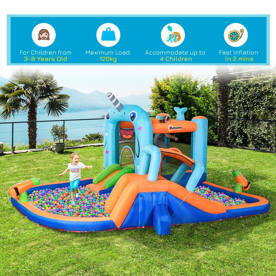 Outsunny 5 in 1 Kids Bounce Castle Narwhals Style Inflatable House with Slide Trampoline Pool Water Gun Climbing Wall with Inflator Carrybag, 4.2 x 3.7 x 2.3m